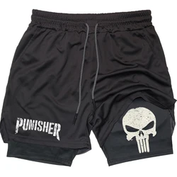 Marvel The Punisher Gym Shorts Men Fitness 2 in 1 Anime Performance Shorts Mesh Quick Dry Athletics Short Pants Summer Male