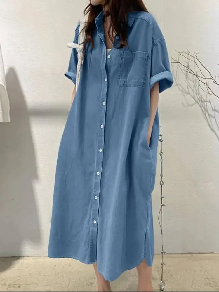 2024 Autumn Fashion Collection New Women\'s Cowboy Long Dress Loose Single Breasted Flip Collar Casual Medium Long Shirt Dress