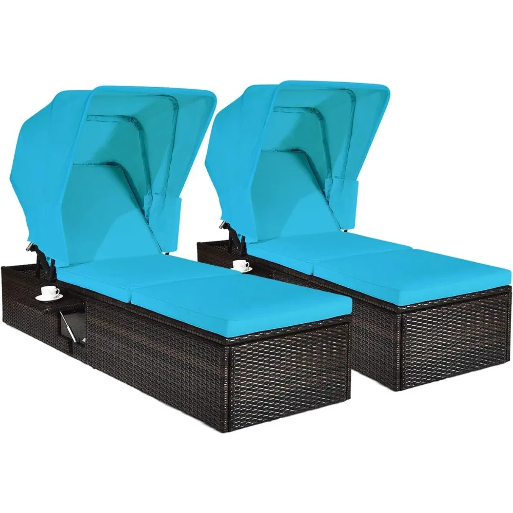 2PCS Outdoor Chaise Lounge Chair with Folding Canopy, Adjustable Cushioned Reclining Chair with Flip-up Tea Table, Rattan Sun L