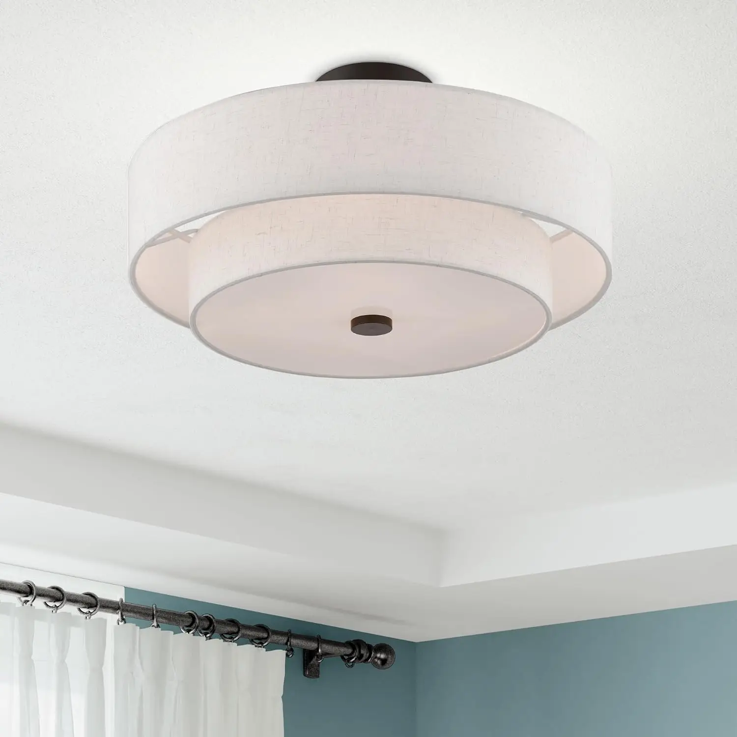 Livex Lighting 51085-92 Потолочный светильник с 4 лампами, полузаподлицо, с цветной овсяной тканью, твердой задней частью, абажуром для барабана и атласным белым цветом