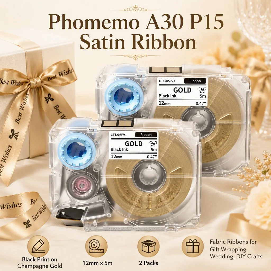 Champagne Gold Satin Ribbon for Phomemo A30 P15, 12mm x 5m 2 Pack Personalized Fabric Ribbon for Gift Wrapping Wedding DIY