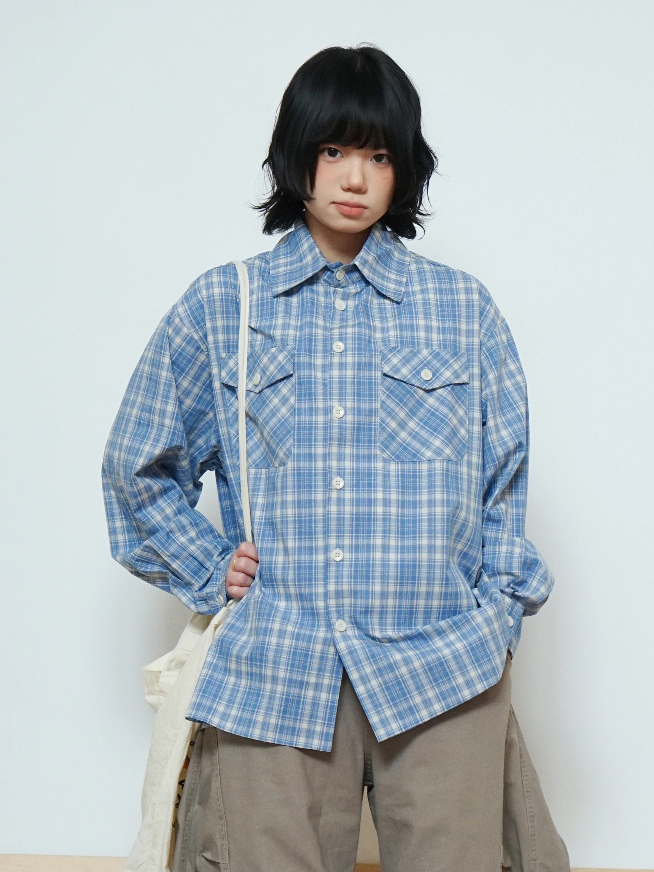 

Blue Plaid Long Sleeve Shirt Casual Loose Fit Couple's Checkered Lazy Style Cotton Breathable Spring Summer Women's Shirt