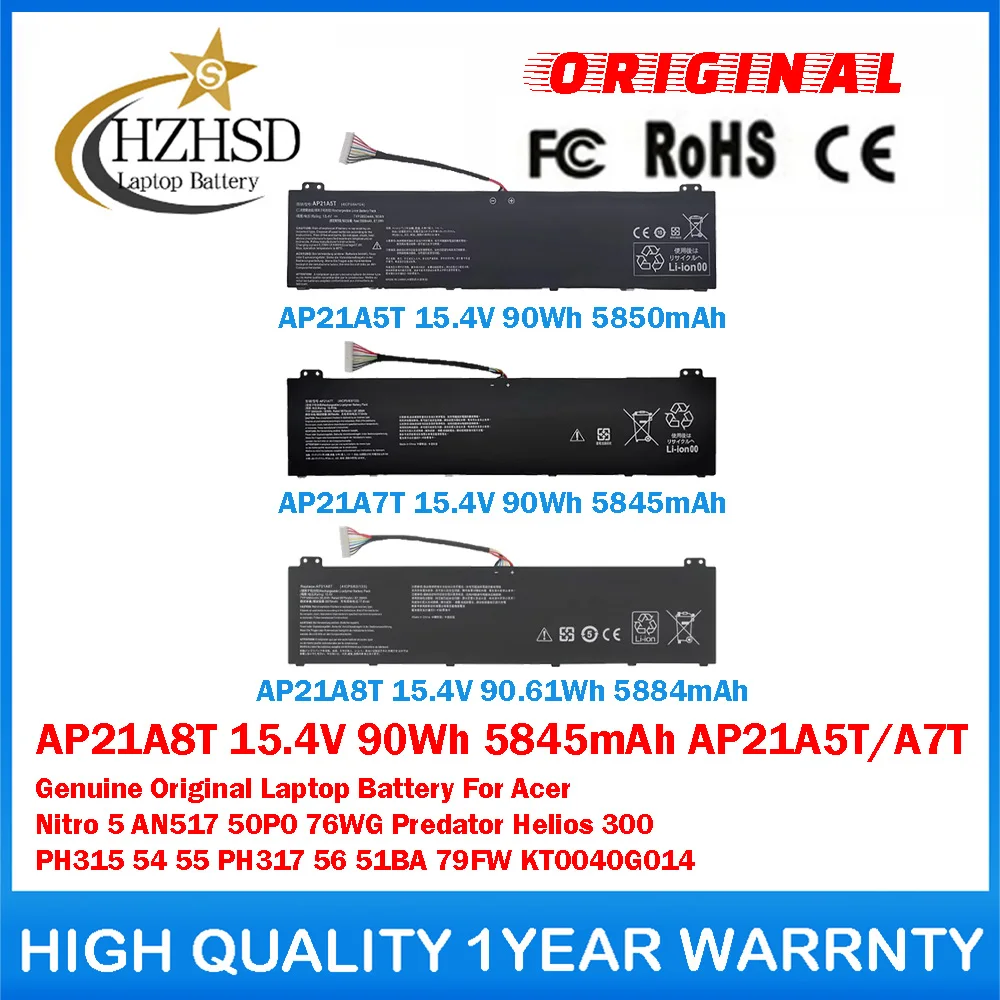

Оригинальная батарея для ноутбука AP21A8T 15.4V 90Wh 5845mAh AP21A5T AP21A7T для Acer Nitro 5 AN517 50P0 76WG Predator Helios 300