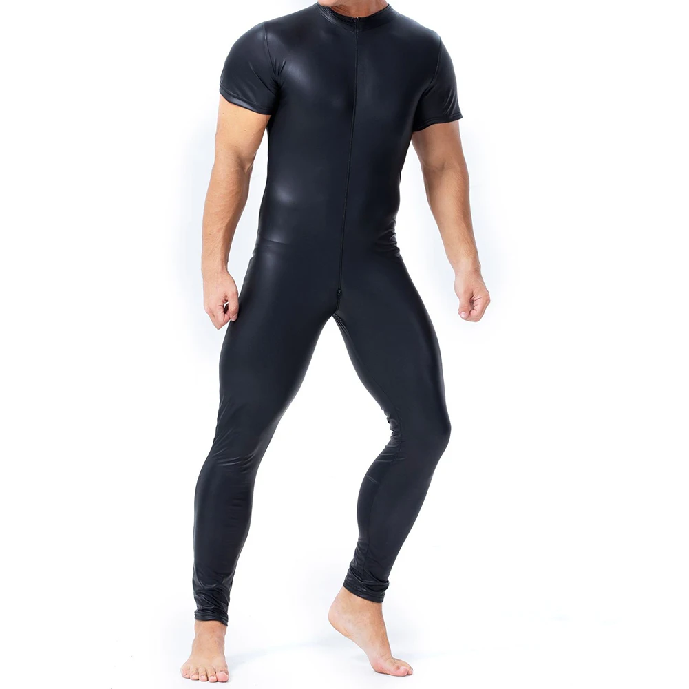 メンズセクシーなレザータイトシームレスボディスーツオープンクロッチパフォーマンスコスチューム半袖パンツ弾性通気性ランジェリー