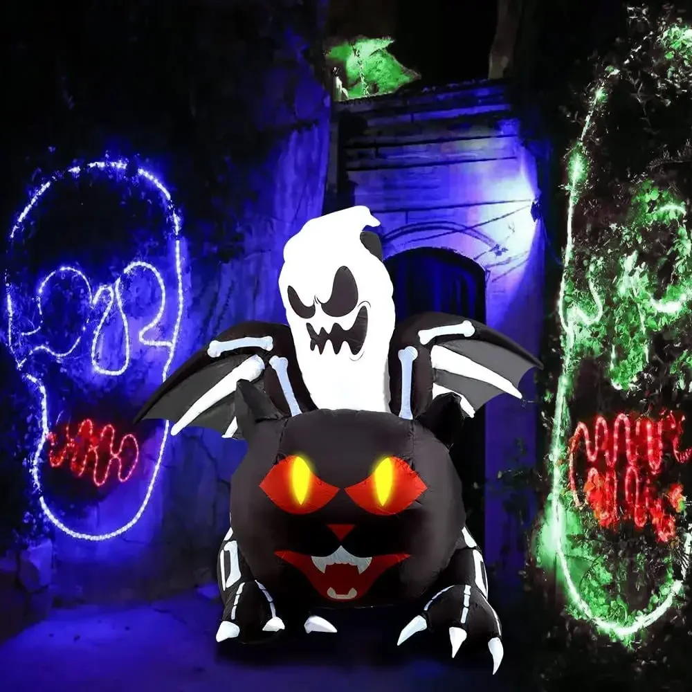 Large Halloween Outdoor Decoration Inflatable Ghost Skeleton Cat with Wings Built-in LED Light for Halloween Holiday Party Decor