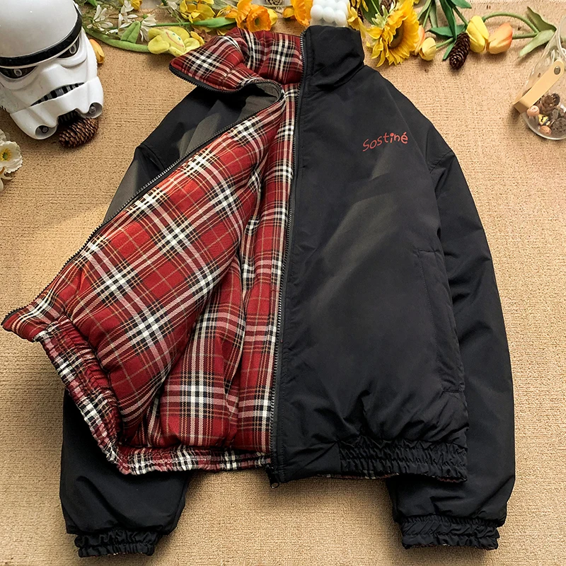 

Двусторонняя утепленная хлопковая куртка для мужчин, зимнее теплое пальто, ретро-пальто в клетку с хлопковой подкладкой, повседневная молодежная верхняя одежда