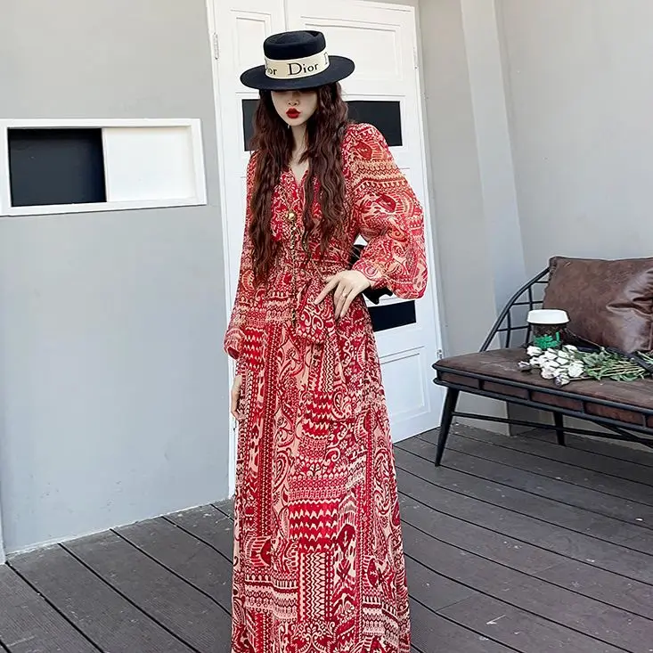 French Spring and Autumn Long-sleeved Dress Design and Temperament Famous One-piece Wrapping Slit Waist-hugging Long Skirt