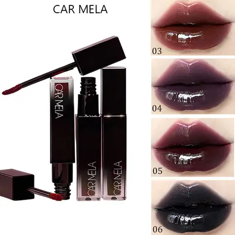 CARMELA Lip Gloss Mirror Lip Glaze Moist Matte Gothic Pure Black Nude Purple Lip Tint Smoky Punk Lasting Lip Makeup Halloween