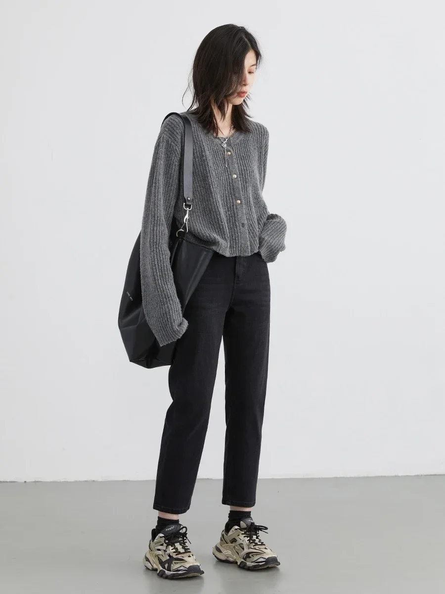 CHIC VEN New Women Jeans Casual Black High Waist Female Straight Trousers Streetwear Denim Cropped Pant Autumn Winter 2026