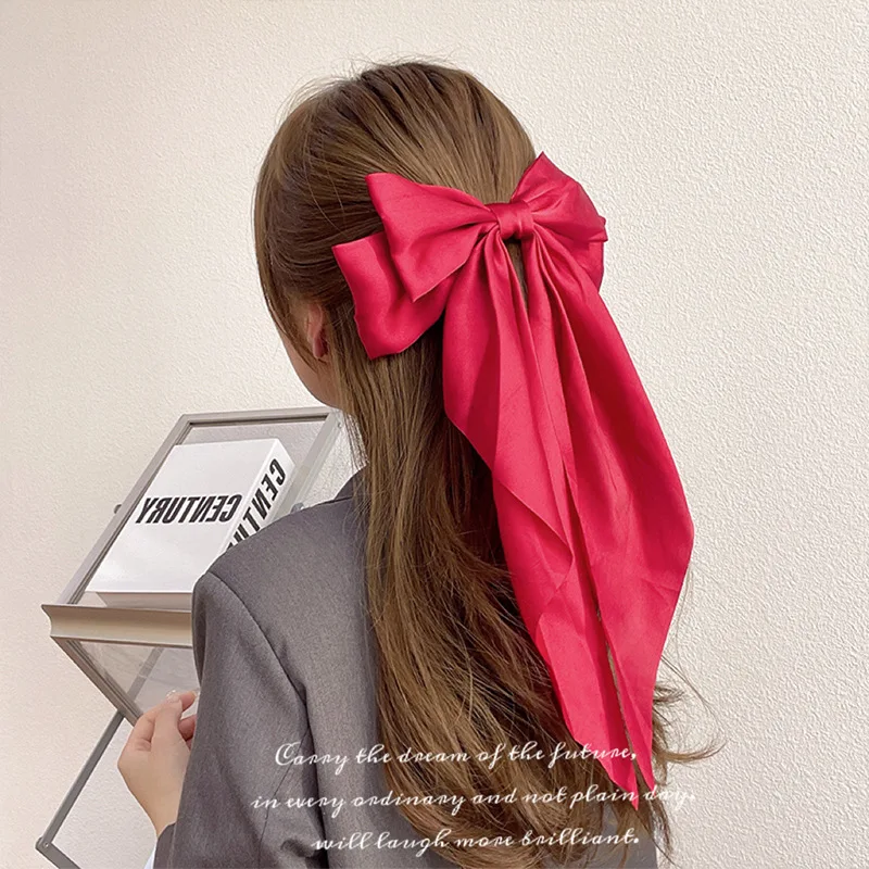 Satin Silk Ribbon Big Bows Hairpins Spring Clips Korean Bow long Streamers Hair Clips Hairgrips for women girls Hair accessories