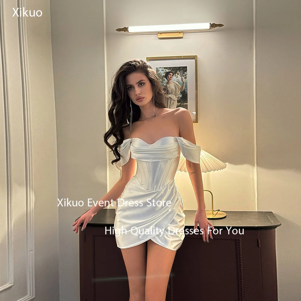 

Xikuo Ruched Off Shoulder Wedding Dress Satin Civil Modern Bridal Gowns Sweetheart Princess Mini Homecoming Dresses Customized