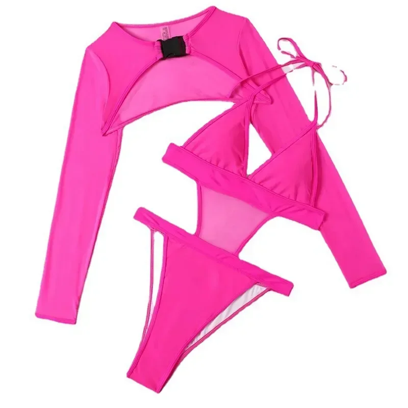 Costume da bagno sexy con scollo all'americana Monokini Costume da bagno intero da donna con grembiule a maniche lunghe Costume da bagno da spiaggia 2025