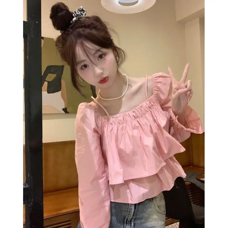 Square Collar Women Shirt Korean Style Long Sleeve Top Female Autumn Sweet Ruffles Fashion Woman Blouse 2024 Ladies Clothes New