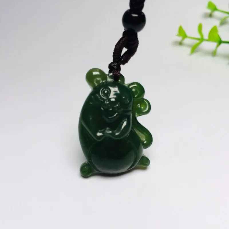 Green Jade Hand Carved Zodiac Mouse Pendant, Fashionable Boutique Jewelry, Men's and Women's Zodiac Necklace Gift