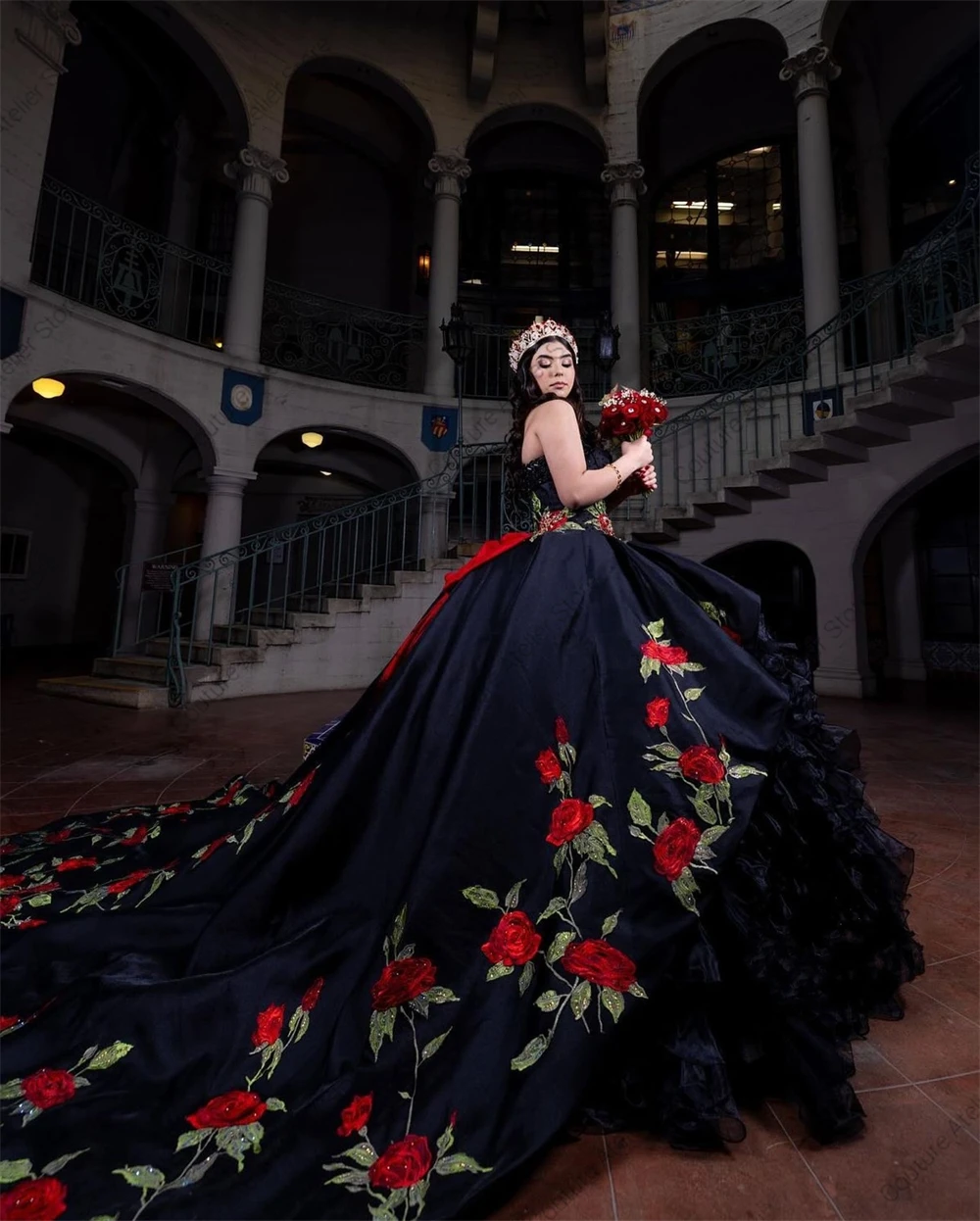 Black Sweetheart Quinceanera Dresses Mexico Red Flower Embroidery With Bow Ball Gown vestidos de 15 años quinceañeras 2024