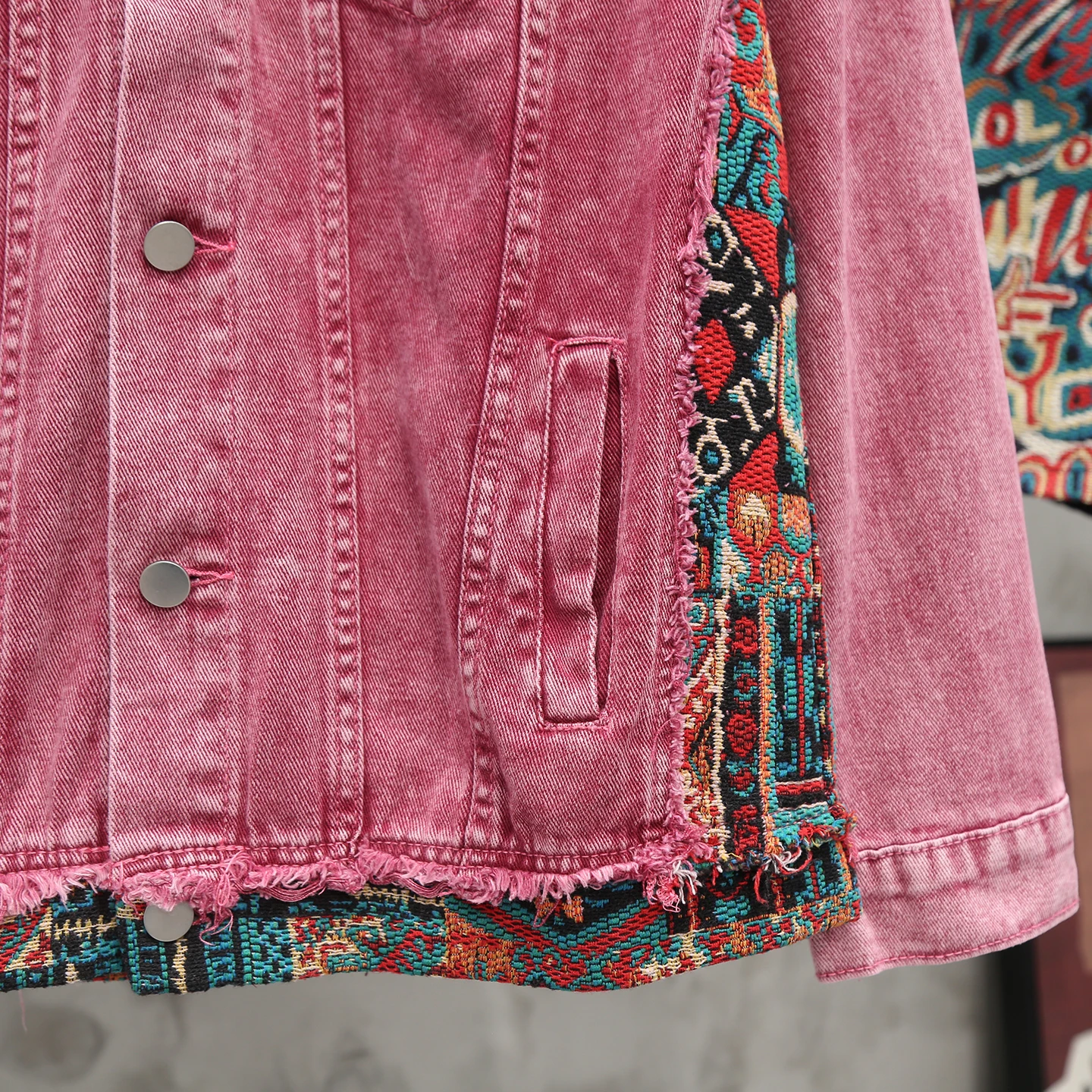 Bohemian Style Patchwork Denim Jacket For Men Pink Washed Loose Jackets American Casual Fashion Retro Male Autumn Coat