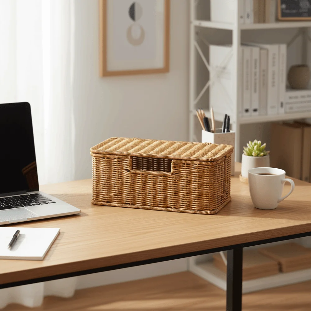 Hand-Woven Imitation Rattan Cable Organizer Box Well-ventilated Rustic Style Charging Station Storage Box Rectangular