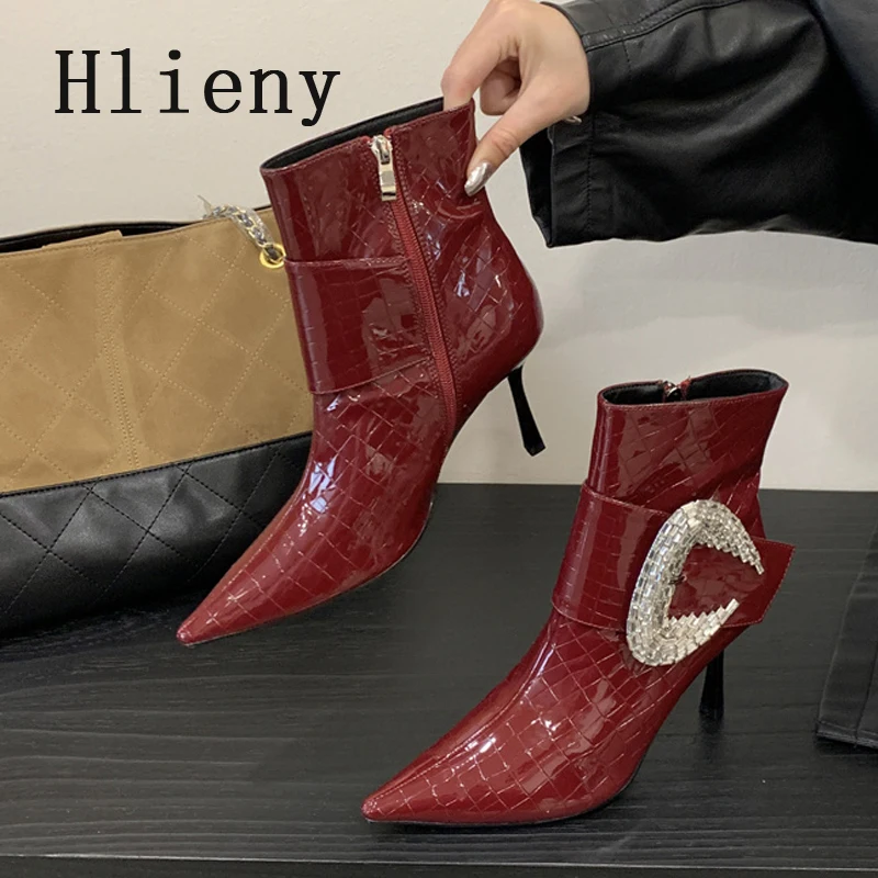 

Hlieny, осенне-зимние модные женские ботильоны с кристаллами и пряжкой на ремне, пикантные короткие ботинки на высоком каблуке с острым носком, современная обувь