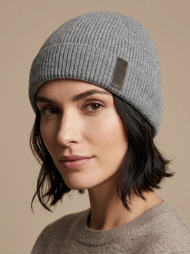 Cuffed Wool Cap Beanie Women Men Winter Hat with Beaded Fold Over Brim