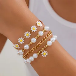 4pcs Vintage Small Daisy Flower Pendant Faux Pearl Bracelet Set for Women Bohemian Beaded Enamel Hand String Jewelry Gifts