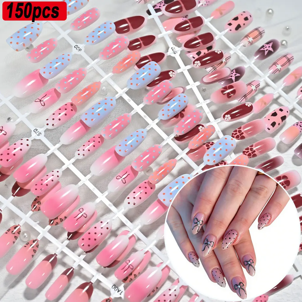 120/150 Stück mittelgroße ovale, farbverlaufende rosa-blaue französische Kunstnägel, niedliche Polka Dots/Schleifen/Leopardenmuster, glänzende Blush-Nägel zum Aufkleben
