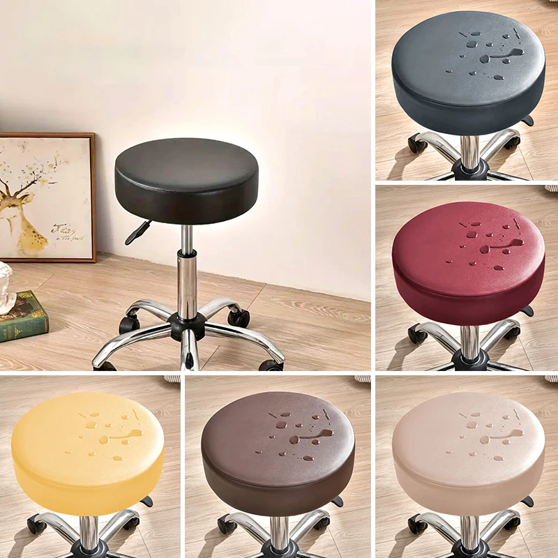 Waterproof Pu Leather Round Elastic Seat Cover Solid Color Dustproof Bar Stool Chair Cover Protector Home Dining Seat Slipcover