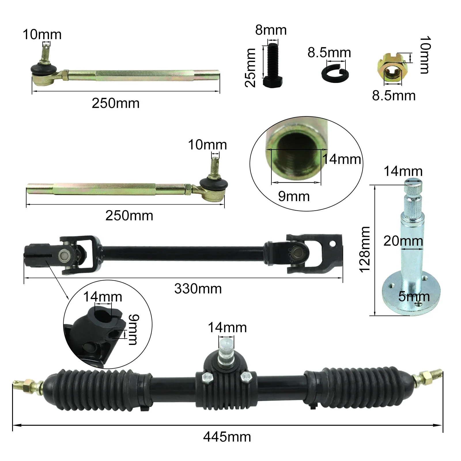 Steering Wheel Assembly Set 110cc - 140cc Go Kart 445MM Rod Rack Adjustable Shaft