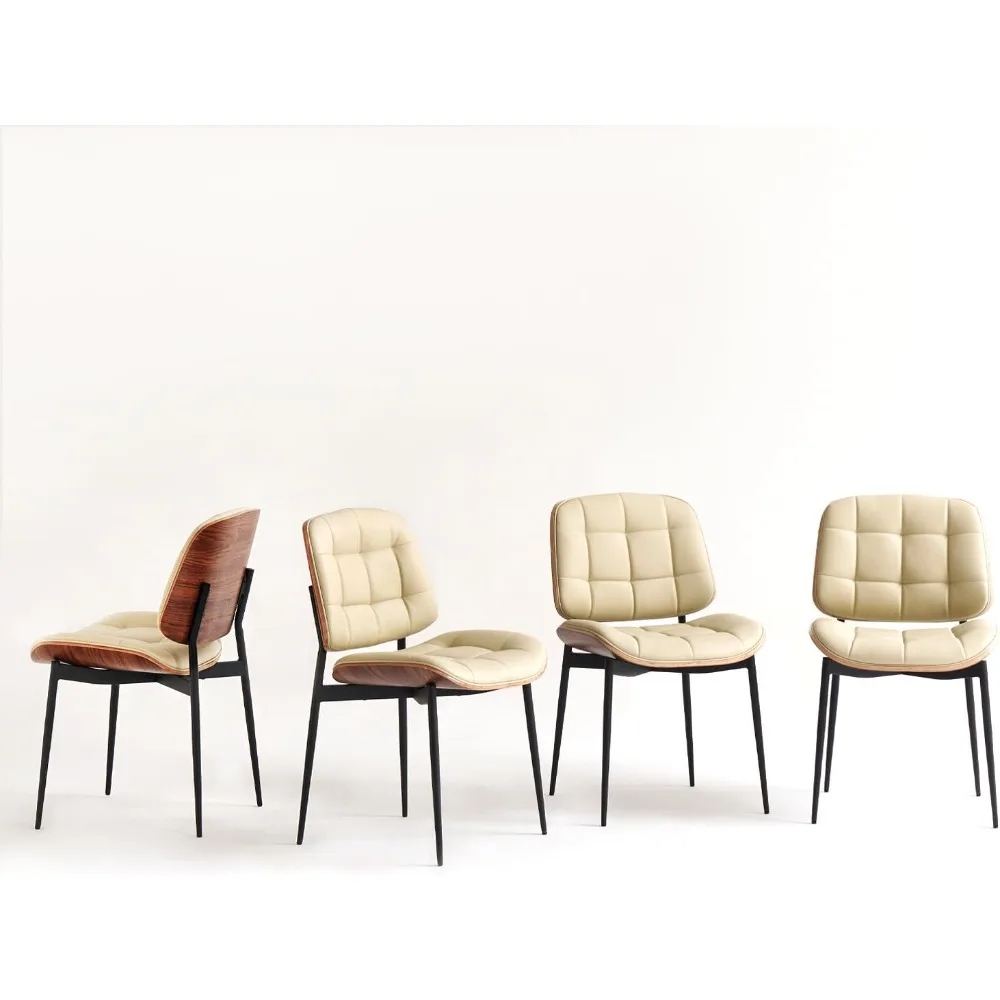 

Mid Century Modern Dining Chairs with Walnut Grain Back, White Faux Leather Dining Room Chairs Set of 4, Checkered Soft Cushion