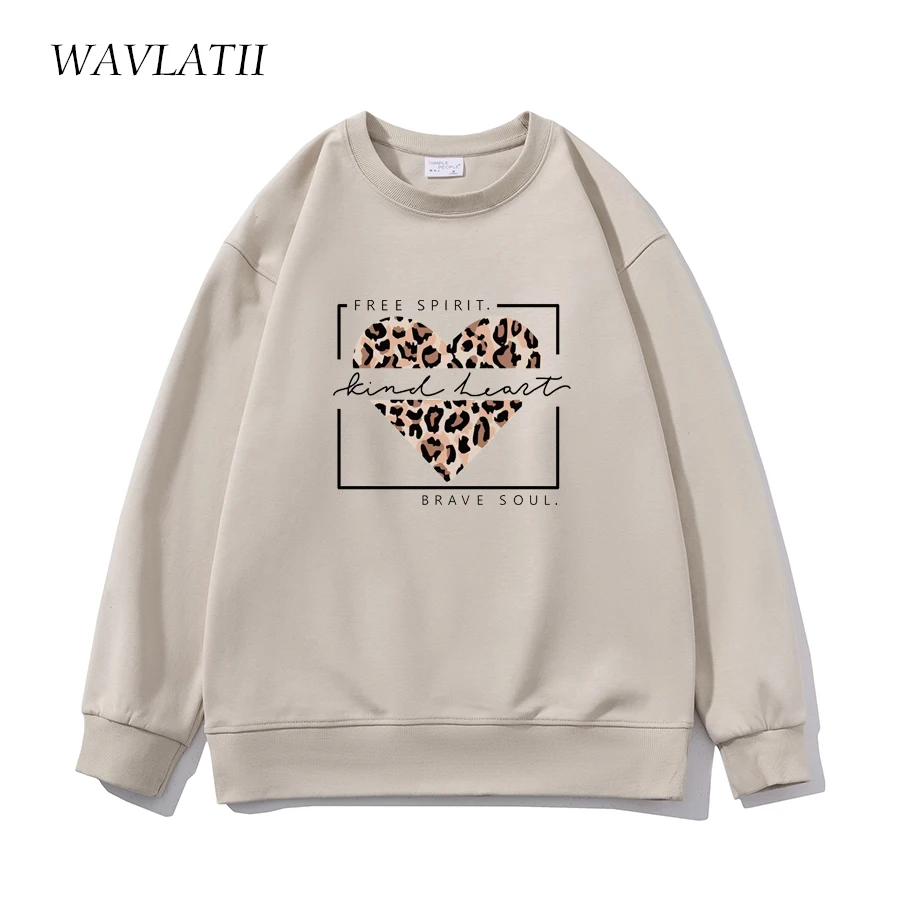 WAVLATII New Women Casual Cotton Sweatshirts Female Light Khaki Leopard Heart Printed Hoodies Lady Tops for Spring Autumn WH2352