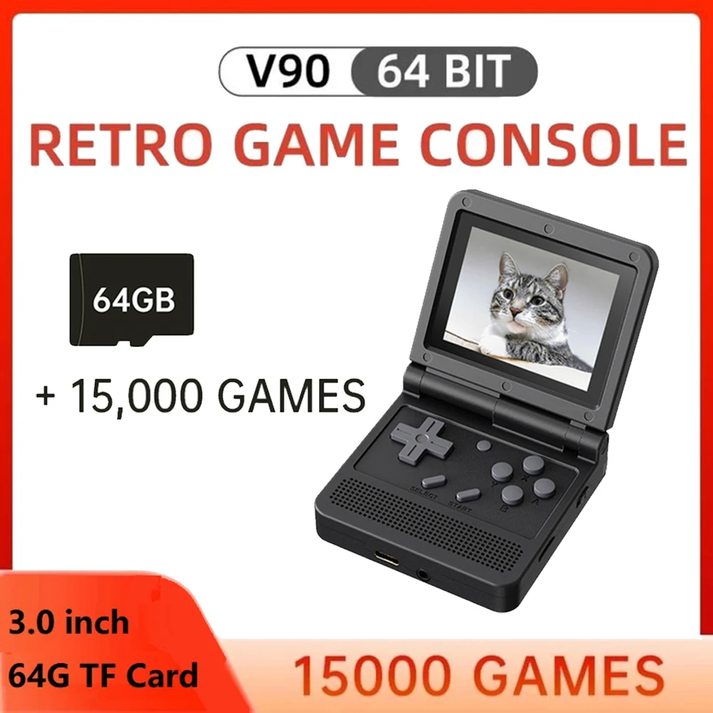 New V90 Version Open-Source Retro Game Console 3.0 Inch IPS LCD 320 x 240 64GB ROM Built-in 15000 Games (Black)