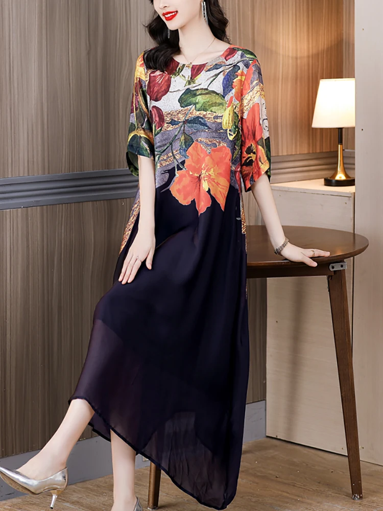 2024 Fashion Light Floral rayon Midi Dress Women Korean Elegant Loose Waist Dress Summer Vintage Luxury Chic Party Evening Dress