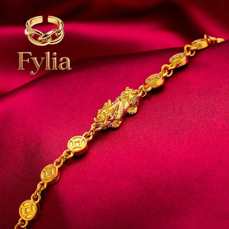 Fylia Jewelry   Pixiu Bracelet for Women, 24K Gold, AU999 | Matte  pixiu with garnet beads, rugged vintage style for casual