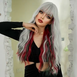 NAMM Halloween Cosplay Wig Synthetic Body Wave Silver Ash Wigs Hanging Ear Dye Wig for Women Party Loose With Bangs
