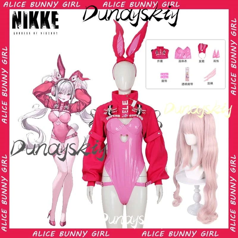 Women’s Nikki Alice Cosplay Costume Bodysuit with Rabbit Ear Headband Pink Wig Game NIKKE The Goddess of Victory Suit Customized