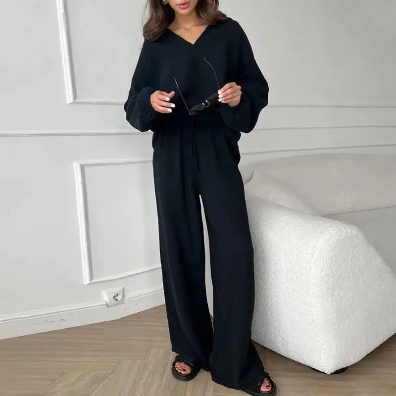 Tracksuit Wide Leg Ankle Length Solid Tops V Neck Cardigan Women Pant Sets Two Pieces L Matching Sets Loose Casual Pockets