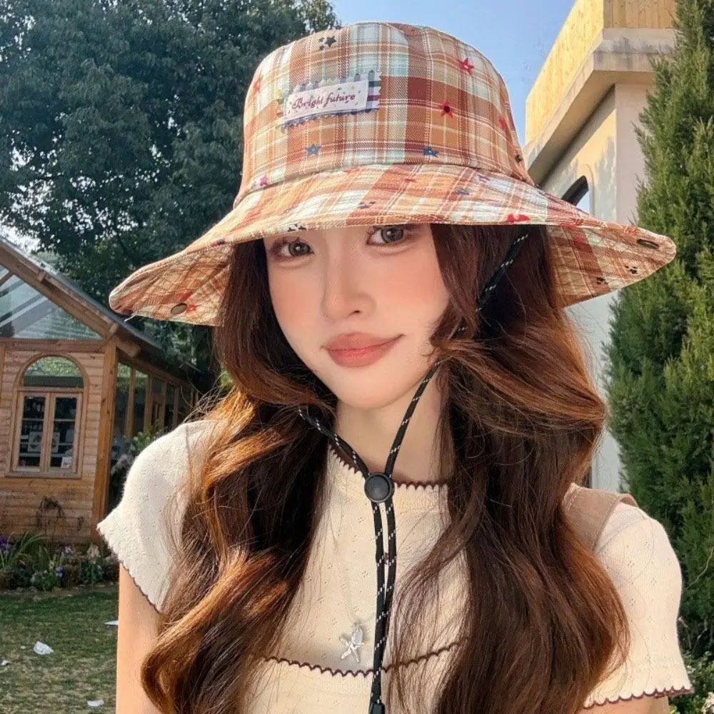 

Retro Star Women Sun Hat Wide Brim Breathable Plaid Fisherman Hat Sun Protection Adjustable Sunscreen Bucket Hat Climbing
