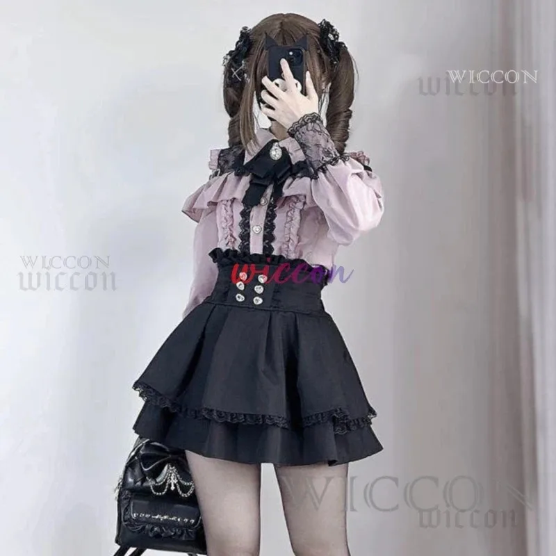 DY20Jirai kei 복장 로리타 걸스 셔츠 스커트 세트 여성 카와이 보우 긴 소매 Y2K 캐주얼 미적 셔츠 일본식 Women25