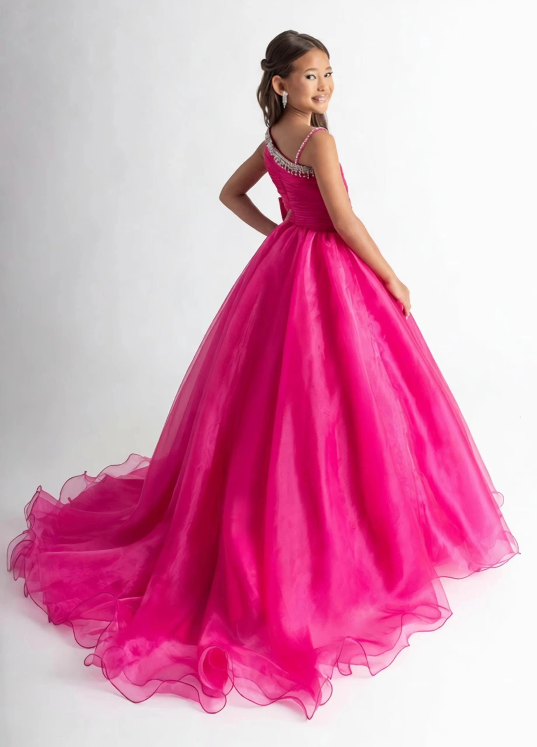 One Shoulder Kids Pageant Dress Waist Bow Train Flower Girl Dress For Wedding Birthday Party Junior Pageant Formal Festival 2026