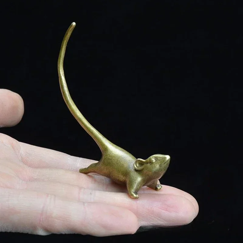 

Long Tail Mouse Miniature Figurine Chinese Style Tea Pet Vintage Pure Copper Rat Ornament Desk Craft Home Decoration Accessories