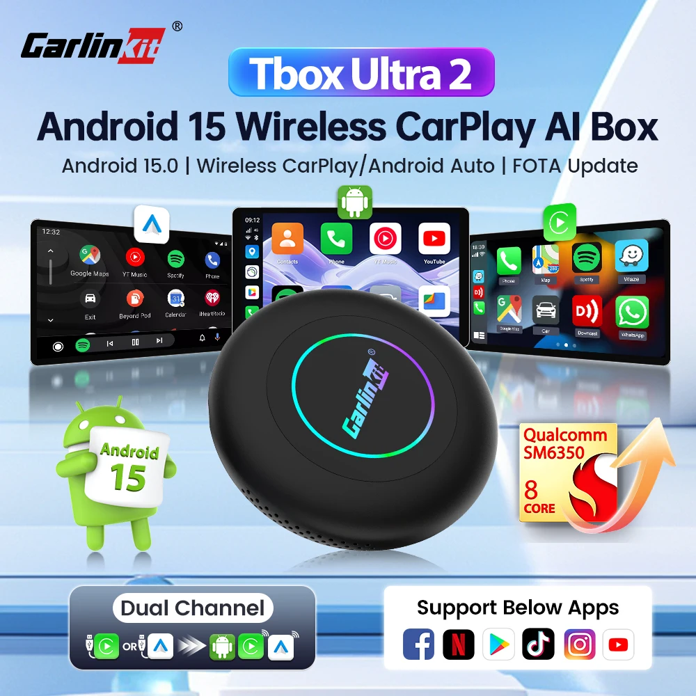 256G Carlinkit Ultra2 Android 15 CarPlay Ai Box محول فيديو تلقائي يعمل بنظام أندرويد يدعم Youtube Netflix TF بطاقة SIM WiFi 6