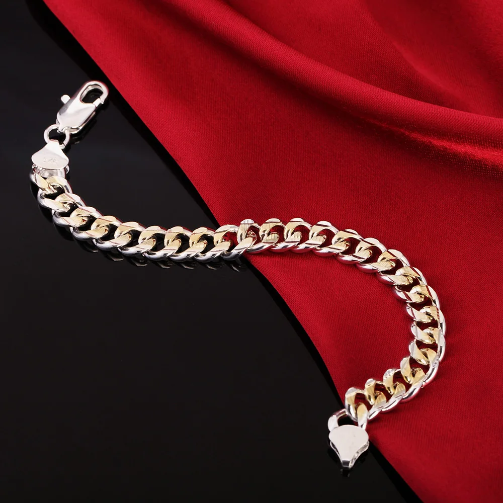 New Pretty 925 sterling silver Gold plated fine classic 10MM chain Bracelets for woman man fashion Wedding party Gifts Jewelry