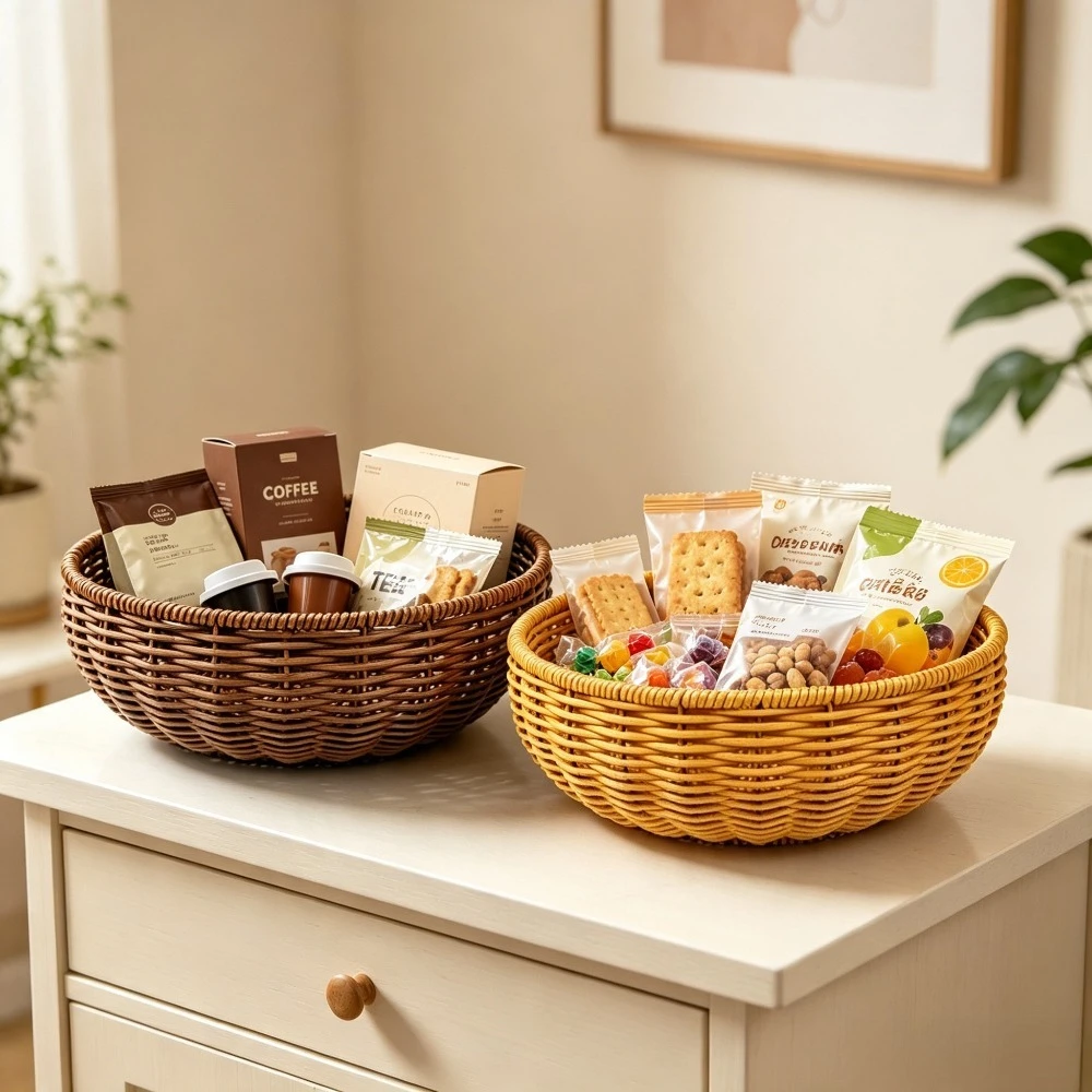 Handwoven Fruit Bowl Basket for Kitchen Counter Tabletop Storage Organizer Decor Rattan Serving Tray for Bread Snacks Keys Home