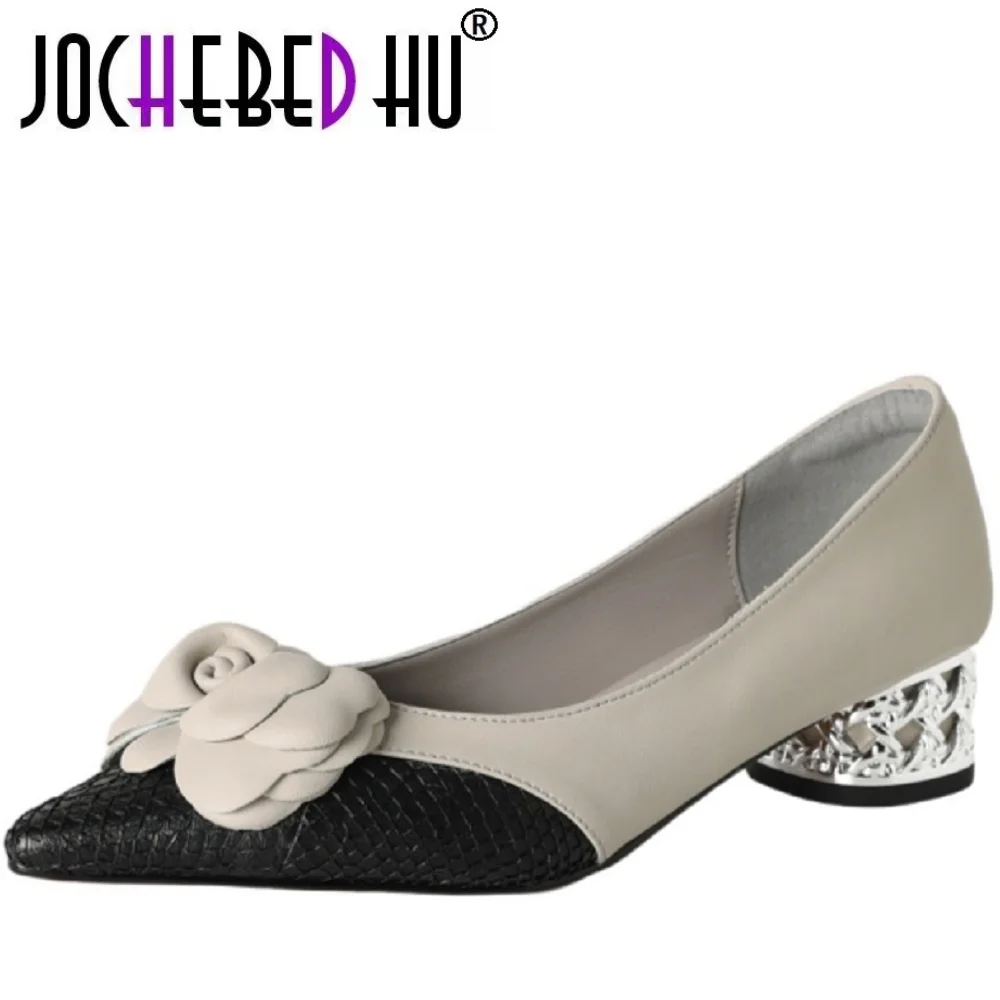 

【JOCHEBED HU】Women's spring/summer Handmade genuine leather Pointed toe flower mid heel color blocked single shoe 34-40