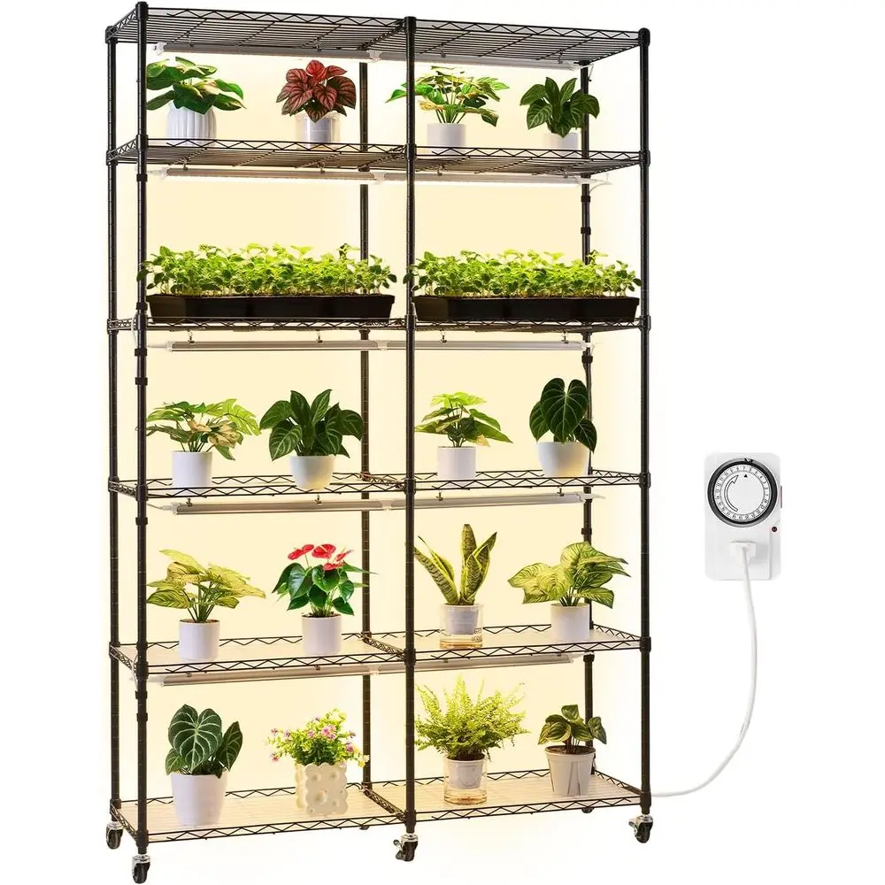 

Plant Shel with Grow Light, 6-Tier Double-Row Plant Stand, 71in Tall Indoor Plants Display Rack with Wheels & Timer, 200W ull Sp