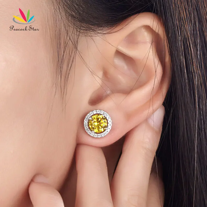 Peacock Star 2.5 Carat Round Fancy Yellow Halo (Removable) Stud Solid 925 Sterling Silver Earrings CFE8127