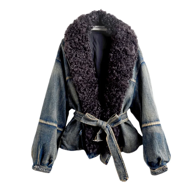 

Винтажная джинсовая куртка со съемным меховым воротником ягненка и поясом, осенне-зимняя новая женская повседневная свободная теплая ковбойская верхняя одежда на пуху с подкладкой