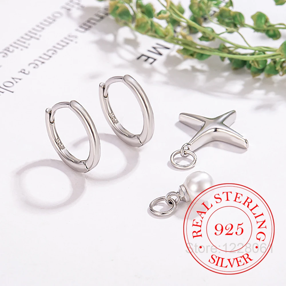 

925 Sterling Silver Star Pearl Asymmetrical Earring Hoop Jewelry For Women Fashion Charms Wedding Engagement Party Gift