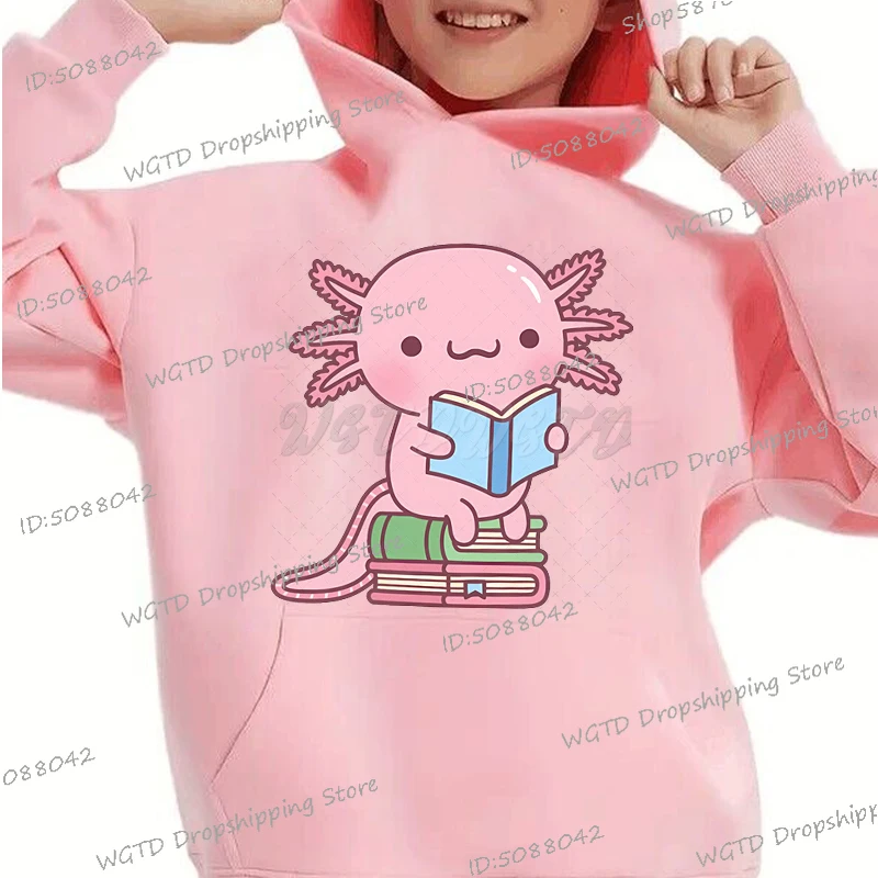 Hoodies Axolotl Loves Hot Coffee Funny Y2K Sudaderas Cartoon Girls Boys Axolotl Graphics Sweatshirt Cute Axolotl Kids Pink Hoody