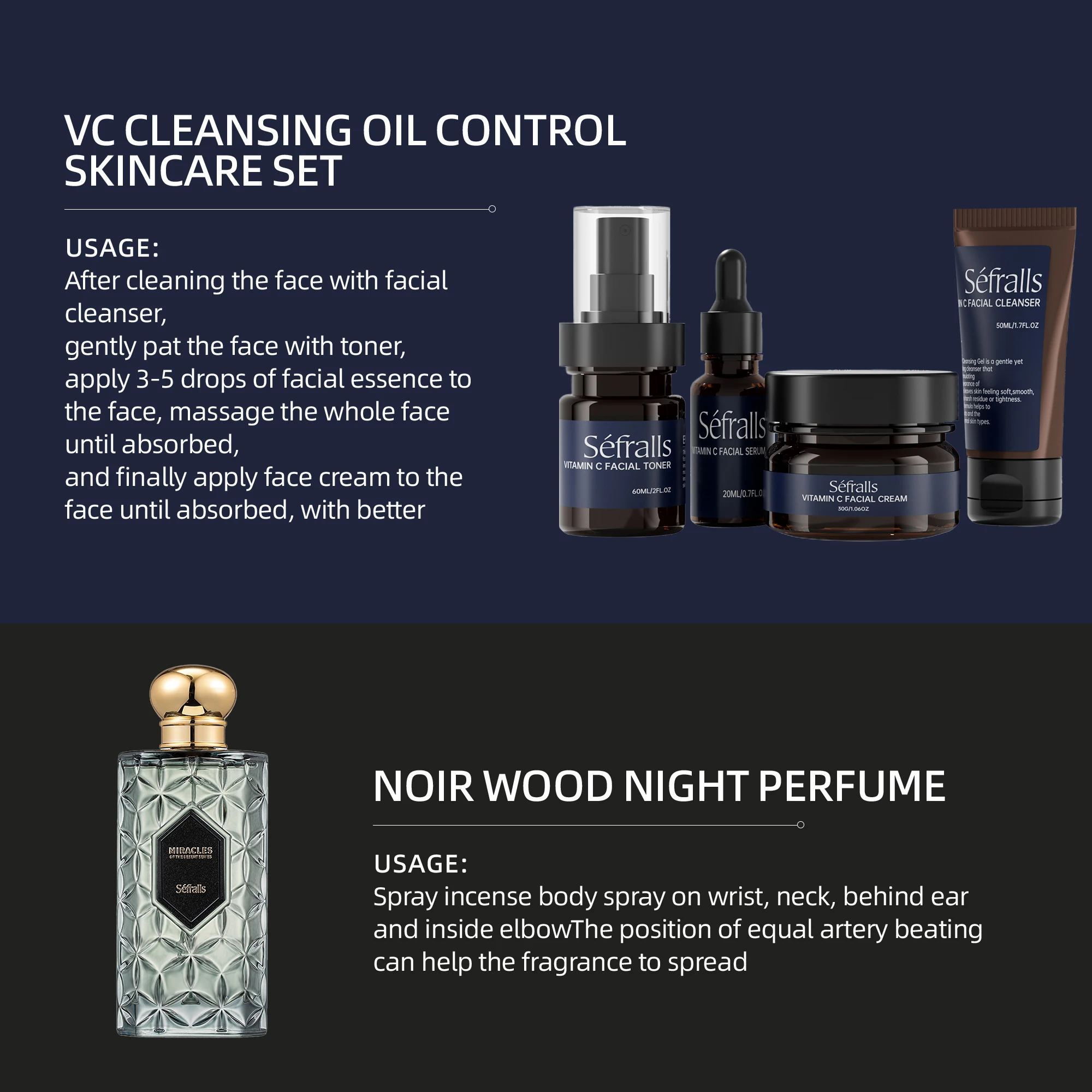 Séfralls NOIR WOOD Woody Night Perfume + VC Set para el cuidado de la piel. Características Limpiador facial de 100 ml, tóner de 20 ml, esencia facial de 50 ml