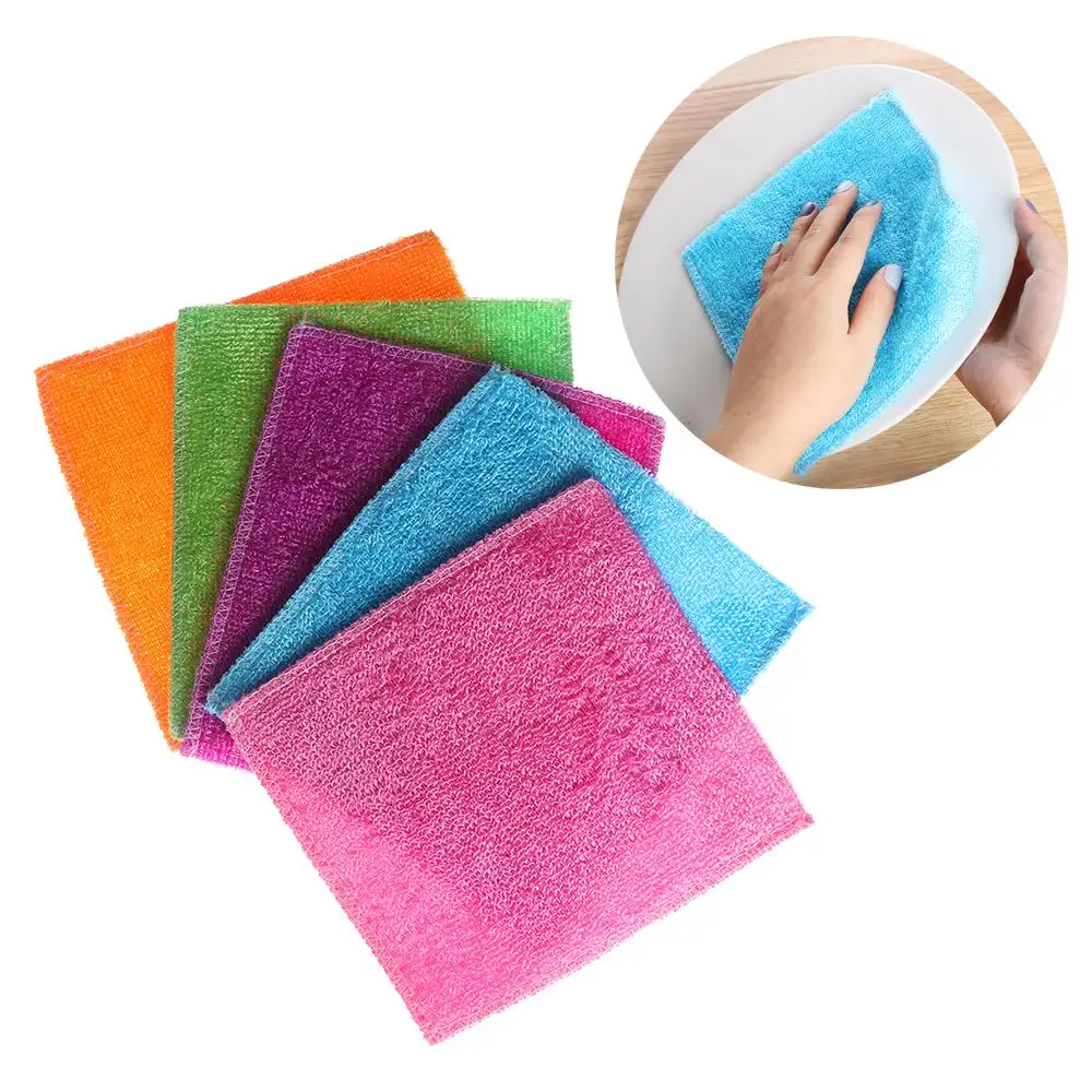 1/5PCS Anti-grease Dish Cloth Bamboo Fiber Wet and Dry Kitchen Cleaning Washing Towels Household Scouring Pad Absorbent Rags